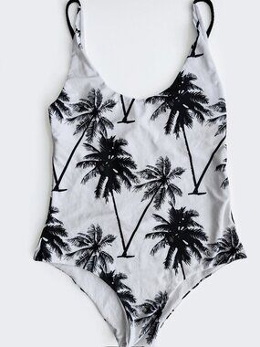 White Black Palm Tree One Piece Swimsuit Low Back